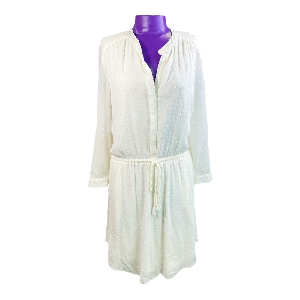 Daniel Rainn | Ivory Long Sleeve Tie Waist Button Up Plumeti Flutter Shirt Dress